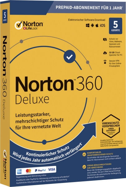 Symantec Norton 360 Deluxe, 50 GB cloud backup, 1 utente 5 dispositivi, licenza annuale 12 MO, download